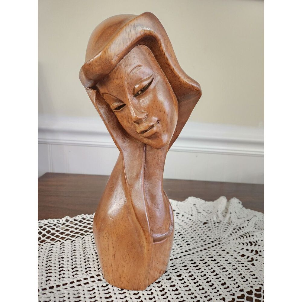 Vintage 50's Mid Century Modern Wood Sculpture Woman Bust Female Art Deco 12.5"